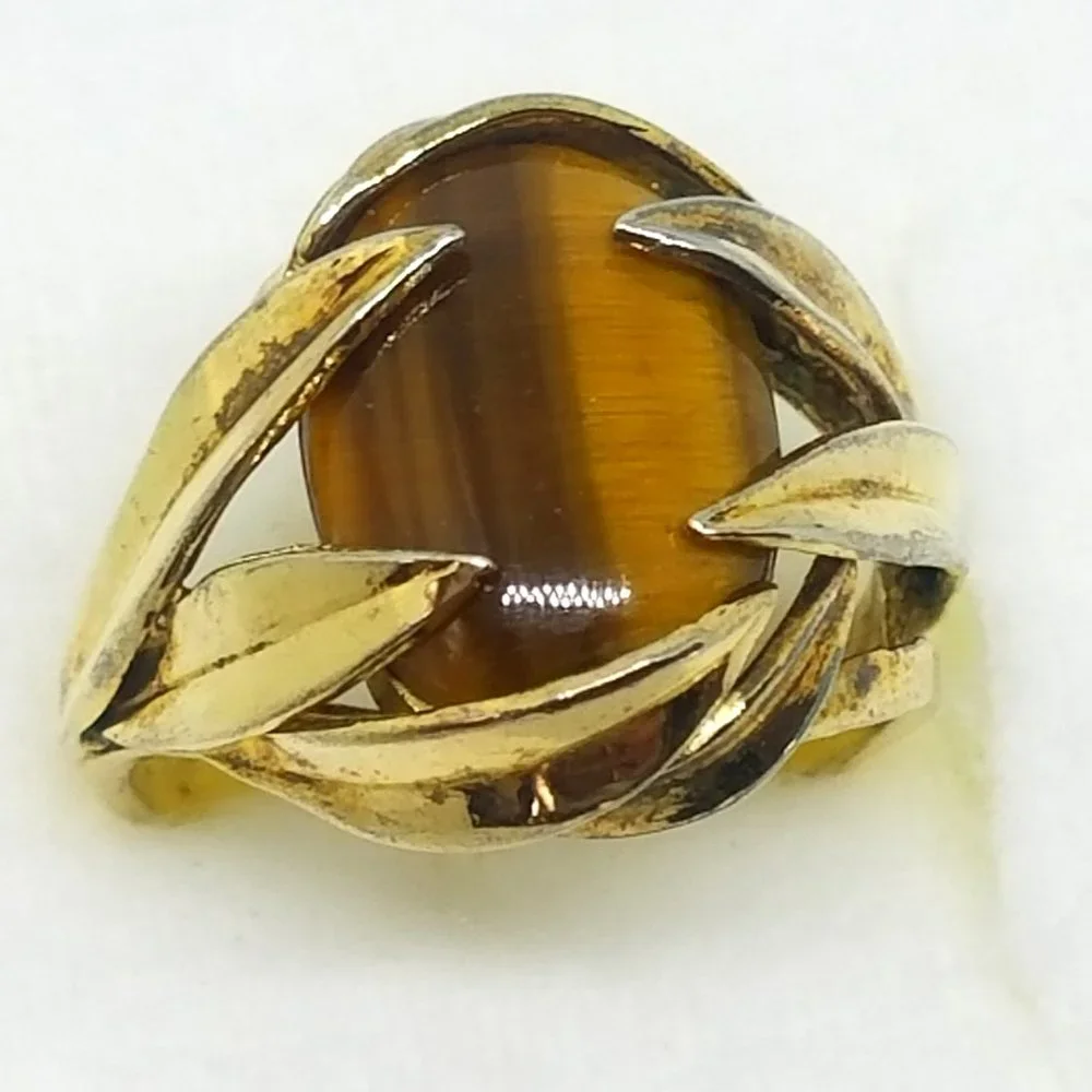 Vintage Oval Tiger Eye Stone Ring set in 925 Gold Plated Sterling Silver Ring